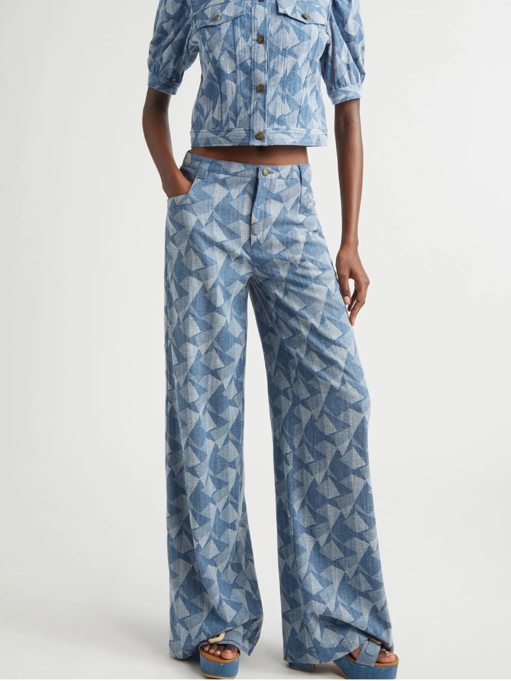 NWT 🪁 RAMY BROOK Wide Leg Geometric Print Denim Pants in Light Blue